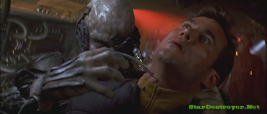 A borg drone nails an Enterprise crewman