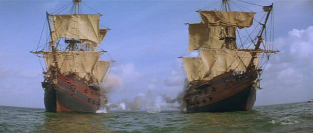 A pair of two-deck frigates exchanging fire. Obviously, this scene comes from a movie rather than a documentary, but it looks cool.