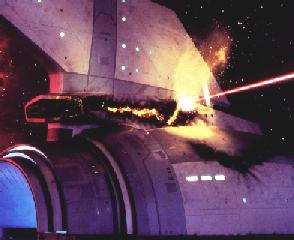The USS Reliant tears a gash into the primary hull of the Enterprise
