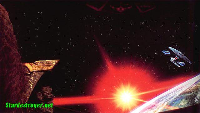 A hideous Klingon female watches as a Federation photon torpedo approaches