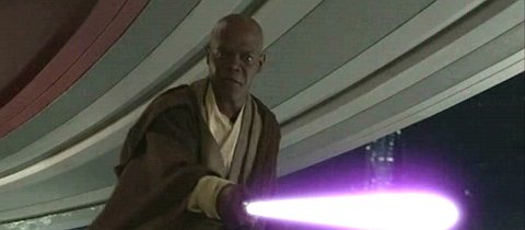 Mace Windu pointing his sabre at Palpatine