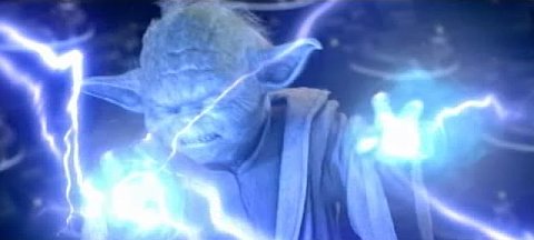 Yoda trying to hold back Palpatine's lightning