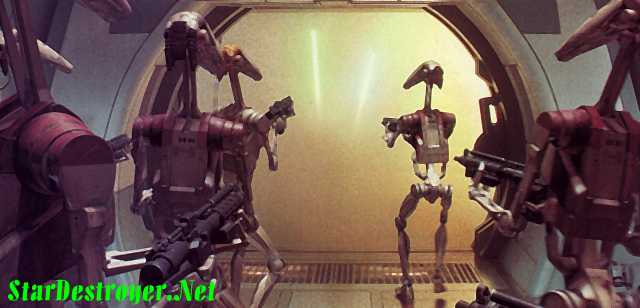 Against normal humans, these armed battle droids would spell quick death. Against Jedi Knights, it's a different story.